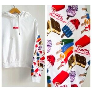 GCDS Wear White Hooded Pullover Sweatshirt w Icecream Print Sleeve S